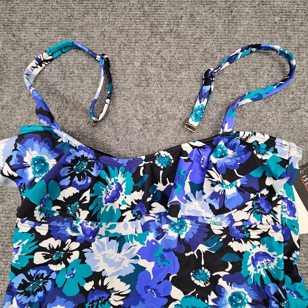 Island Escape Women Tankini Top Floral Ruffle Swimwear Blue Multi Size 8 NWT